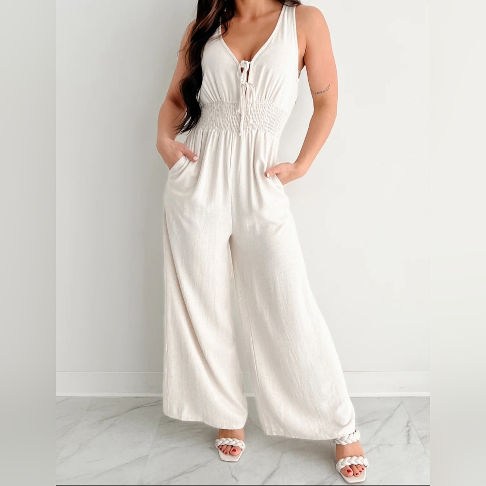 Wasabi + Mint Beige Linen Tie Front Jumpsuit